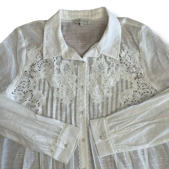 Ranna‎ Gill White Embroidered Sheer Blouse L Lace Floral Boho Top - Picture 6 of 8